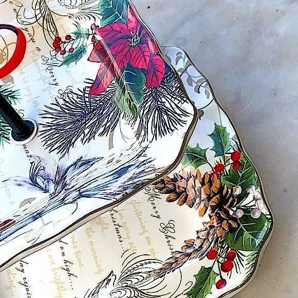 222 FIFTH  “HOLIDAY WISHES” 2 TIERED SERVING TRAY POINSETTIA PINECONES SCRIPT - Picture 9 of 11